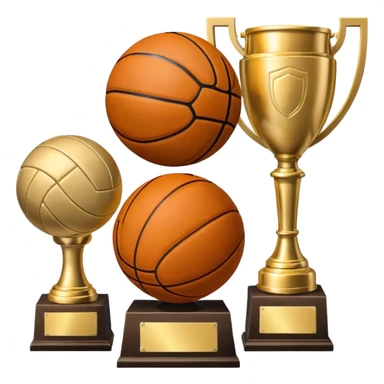 a basketball, soccer ball, volleyball, and a football all mixed with a trophy sticker