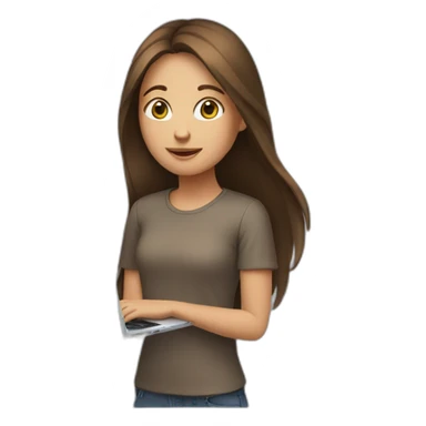 Girl with long brown hair and laptop sticker