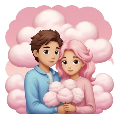 A young man and woman embrace on fluffy, cotton candy-like pink clouds, their faces hidden. They have wheat-toned skin, creating a dreamy, fairytale atmosphere. sticker