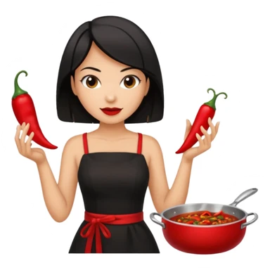 black short shoulder length hair tanned woman, black dress cooking, holding chili pepper sticker