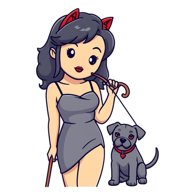Fashionable woman in sling dress with long black hair, big red lips, and Cane Corso dog ears and short tail sticker