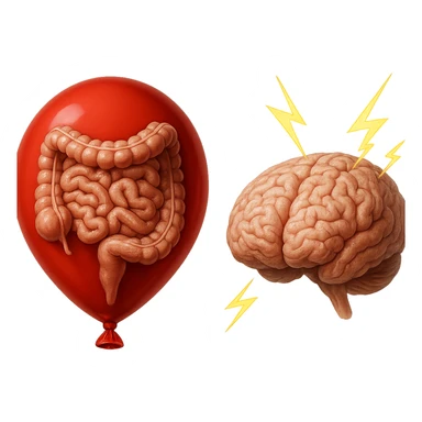 intestino umano anatomico chiuso in un palloncino rosso che simboleggia gonfiore, accanto un cervello anatomico con fulmini vicino che simboleggiano "stress", iperrealistico 4k sticker