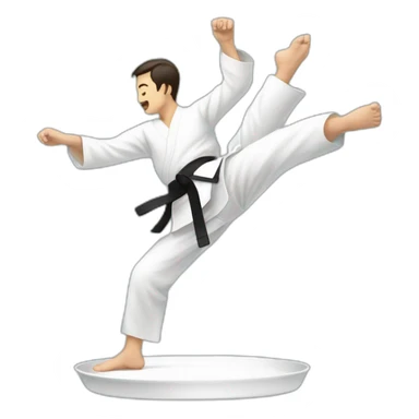 A man doing taekwondo, kicking, and on his foot there is a plate sticker