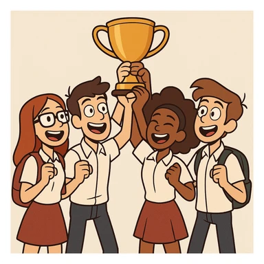 quatre étudiants, deux garçons et deux filles, lèvent un trophée en équipe, cartoon moderne, fond clair sticker