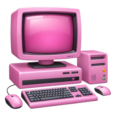shiny pink translucent 90s computer with CRT monitor, keyboard, PC tower, mouse sticker