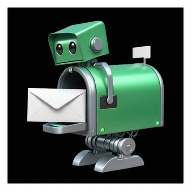green mailbox robot, futuristic style, black background, glowing details, white envelope with code inside, modern tech aesthetic
 sticker
