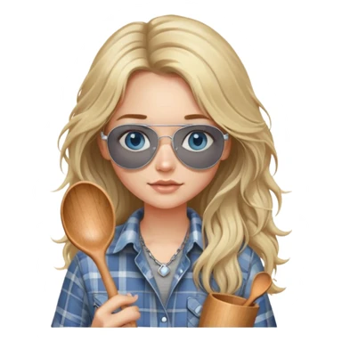 girl with long blond messy hair wearing grey plaid shirt with blue eyes and aviator sunglasses wearing a ring on her silver necklace, holding wooden spoon sticker