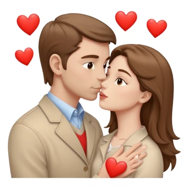 A white man with brown hair in pale beige clothes and a woman in pale beige clothes are kissing with white hearts sticker