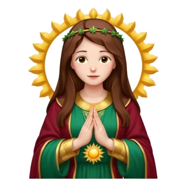 Virgin Mary, kind face, looking down left, long brown hair, emerald green robe with gold stars, burgundy red dress, hands in prayer, halo, standing before a large sun, roses on the sides sticker