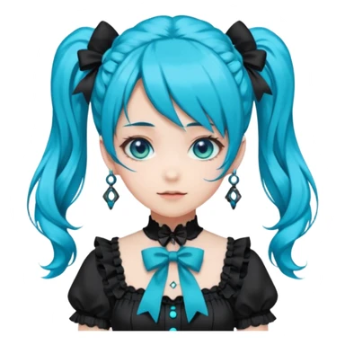 anime-style female character with bright turquoise hair styled in twin tails and matching blue eyes. Her outfit is a frilly turquoise and black dress in a Lolita-esque style, heavily contrasted with black ribbons and trim. A key detail is the"AWP" logo printed in black on the chest. happy variant sticker