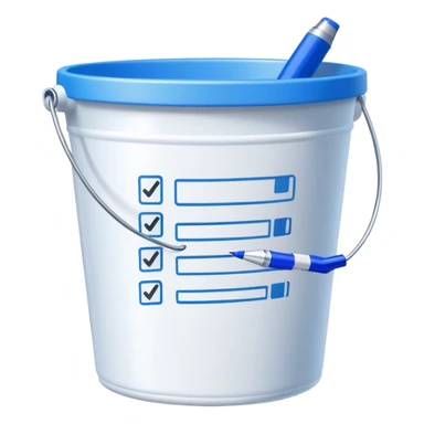 bucket with a pen and a checklist sticking out, playful and inviting sticker