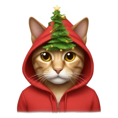 cat wearing a red hoddie with christmastree hat sticker