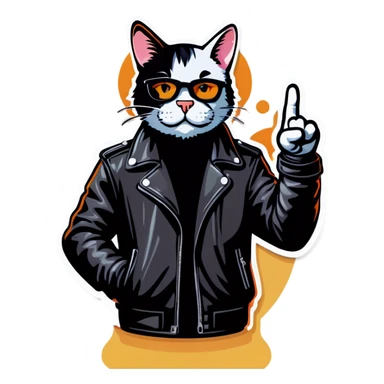 Cool cat in leather jacket shows cow sign  sticker