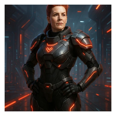 Scarlet Duke from the future, futuristic armor with glowing red accents, confident pose, sci-fi setting sticker