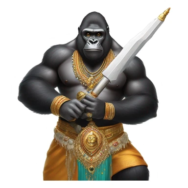 male gorilla with indian male jewellery and  indian traditional wear, holding a  huge weapon, humanoid, holding another  huge weapon  sticker