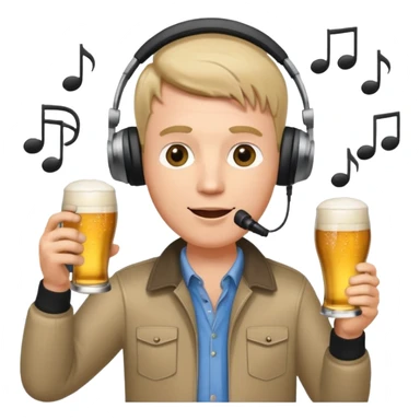 a white male radio presenter wearing headphones, speaking into a microphone, with a beer in his hand and musical notes around him sticker
