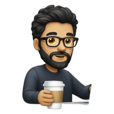 Designer with black hair, beard and glasses working with MacBook and drinking cappuccino  sticker