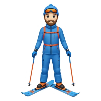 bearded man skiing down, blue outfit, smiling. full body view.  sticker