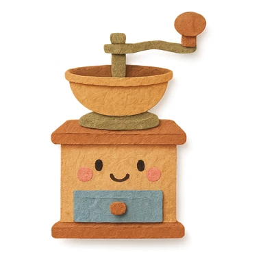 vintage coffee grinder, full body, cute face, hand-drawn soft pastel style sticker