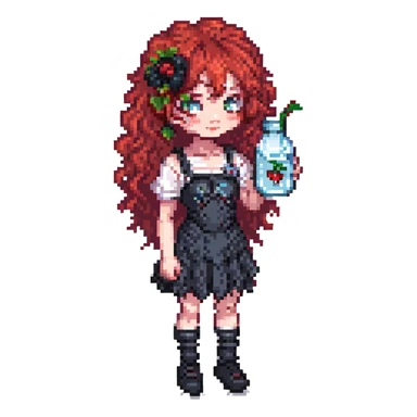goth girl with red cherry curly hair holding a glass of water, pixel art style sticker