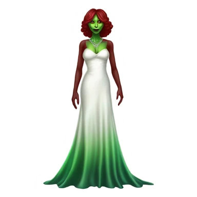 reptilian green alien woman, in long slim pastel color:#FFFFFF formal party satin dress with gradient shiny sparkling dark red, full figure, full body sticker