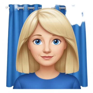 50 yr old white woman, curtain bangs, very long straight blond hair, oval face, small smile, blue eyes sticker