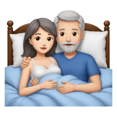 Man with grey hair and beard, and beautiful brunette woman spooning in bed sticker