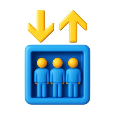 Convert this elevator icon to a 3D emoji style with a blue elevator and yellow arrows, keeping three people inside. The style should be glossy and vibrant, resembling Microsoft style 3D fluent emojis. sticker