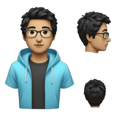 Boy, black hair, ((light blue hoodie)), glasses, white skin sticker