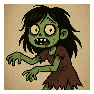 zombie girl, black hair, cartoon style, greenish skin sticker