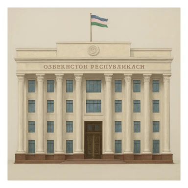 «Реалистичная живописная стильная прорисовка. Здание правительства узбекистана строго в анфас, прямо спереди, без наклона и без перспективы. Покажи ВСЁ здание целиком — сверху донизу и слева направо — с большим свободным полем вокруг, чтобы НИЧЕГО не обрезалось. На крыше должен быть флаг Узбекистана. Никаких деревьев, людей, фонтанов, автомобилей, тени от объектов и окружающей среды. Только полностью целое здание на однотонном чистом фоне (белом или светло-сером). Обязательно: “НЕ кадрировать, НЕ обрезать, оставить запас места вокруг здания». sticker