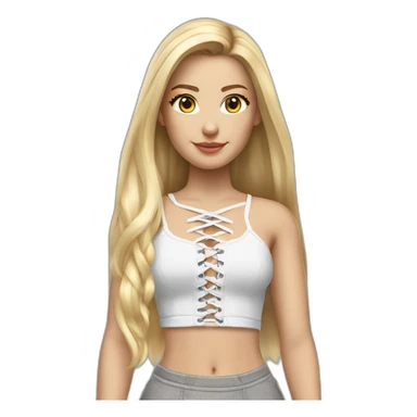 hyperrealistic caucasian female, long straight blonde hair, white lace up crop top, grey mini skirt, body view sticker