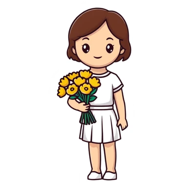 girl with brown hair wearing a white skirt holding a bouquet of flowers sticker