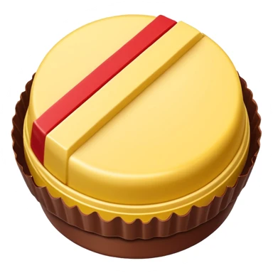 round chocolate bonbon with wafer center and yellow and red wrapper sticker