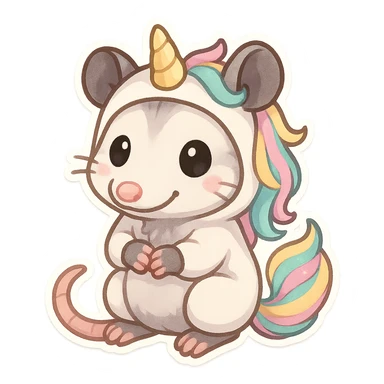cute cartoon possum dressed up like a unicorn, chibi stickers style sticker