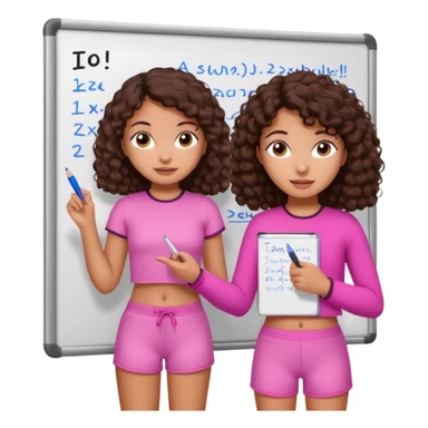 a girl with dark brown curly like hair wearing pink not hot pink 2 piece set teaching up on a board sticker