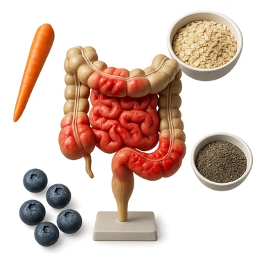 intestino umano anatomico infiammato al centro con carota, bowl di avena, mirtilli, bowl di semi di chia che gli fluttuano intorno , iperrealistico 4k sticker