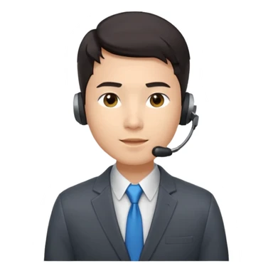 A young Asian man with smooth light skin, dark hair that swoops upward in the front, expressive eyes, a clean-shaven face, and a call-center style headset over one ear, usually paired with a crisp shirt and suit jacket visible from the chest up. sticker