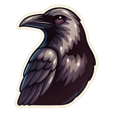 A large crow looking forward in retro sticker style, with detailed feathers, volume, various shades of gray, clear contours, vintage presentation, no gradients. sticker
