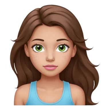 Create a teen girl wearing a light blue tank top. She will have long brunette hair, tan skin, pink lips, and grey-green eyes. She has long eyelashes. She also has light freckles  sticker