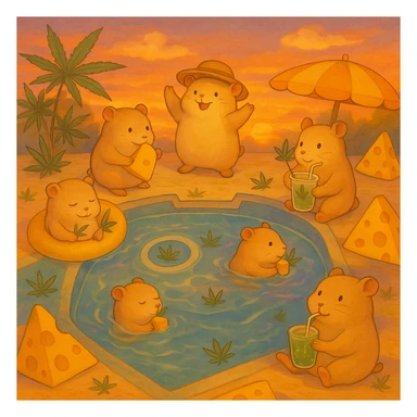 Add a dreamy sunset background with soft orange, pink, and purple hues behind the pool party scene. Maintain the Ghibli style with a nostalgic, fun, and inviting summer party vibe, including THC/weed/cheese theme elements. sticker