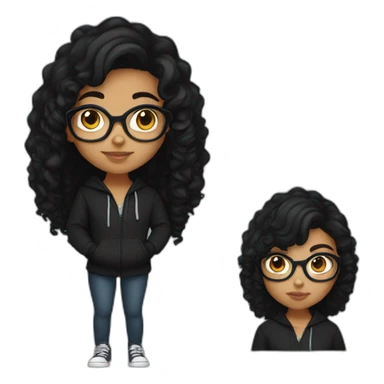 teenage indian girl with glasses with black curly hair wearing a black hoodie with no zipper sticker