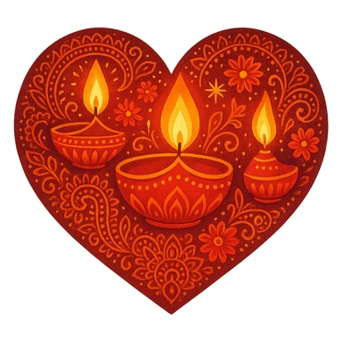 heart with Diwali theme, vibrant colors, traditional Diwali decorations, lamps, rangoli patterns sticker