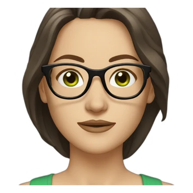 White woman with long dark brown hair and green eyes using glasses writing sticker