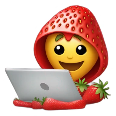 strawberry with a laptop and a hood sticker