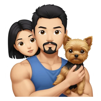  Holding a blonde yorkie. Dark haired Korean Asian handsome man with black pointy hair full goatee and biceps sticker