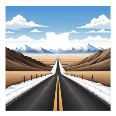 A long straight dirt road that disappears into the horizon half way up the screen from the perspective of someone sitting in the middle of the road looking down it. Flat snow fields on both sides of the road with huge looming mountains above the roads horizon line. sticker