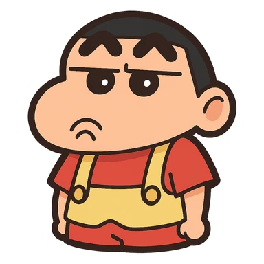 Shinchan cartoon style emoji sticker, pouting expression, iconic black hair, red shorts, yellow overalls, simple solid or gradient background, 500x500px, transparent PNG, optional brief text description sticker