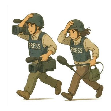  walking from left to right across frame: a cameraman, and a microphone operator, ONLY two people, war correspondents, tense moment, BOTH HOLDING ONTO THEIR HAT! sticker