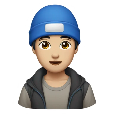 black short hair, black eyes wearing blue beanie, asian sticker